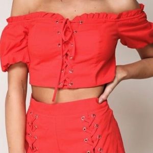 Red High Waisted Shorts with Crop Two Piece Outfit Set Size Small